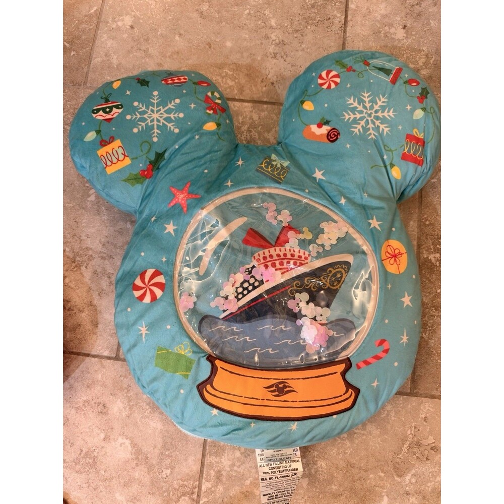 Disney Cruise DCL Mickey Mouse Plush Christmas Pillow Celebrate Season Snowglobe